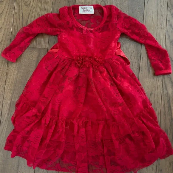 Jamie Powell Designs (Etsy) Dresses | Jamie Powell - Flower Girl Dress - Red Lace, Long, Long Sleeve Dress (2t - 3t) | Color: Red | Size: 3tg |